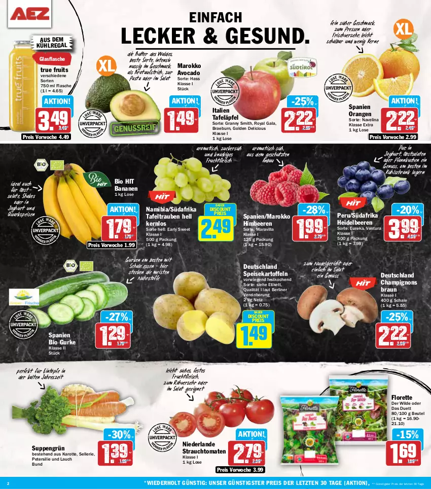 Aktueller Prospekt Aez - Prospekte - von 07.01 bis 11.01.2025 - strona 2 - produkty: auer, aufstrich, aus dem kühlregal, avocado, banane, bananen, Bau, beere, beeren, berliner, beutel, bio, bio hit, braun, brot, brotaufstrich, butter, champignon, champignons, champignons braun, discount, eintöpfe, eis, elle, flasche, fleisch, florette, frucht, fruchtfleisch, glasflasche, gurke, gurken, heidelbeere, heidelbeeren, himbeer, himbeere, himbeeren, joghur, joghurt, kartoffel, kartoffeln, kuchen, kühlregal, kühlschrank, LG, mac, navelina, nudel, Nudelgericht, nuss, obst, orange, orangen, pasta, petersilie, Pfannkuchen, quark, Rauch, regal, reis, salat, salate, Schal, Schale, Schrank, shake, speisekartoffeln, strauchtomaten, suppe, suppen, tafeläpfel, tafeltrauben, Ti, tisch, tomate, tomaten, trauben, true fruits, Wild, ZTE, zucker