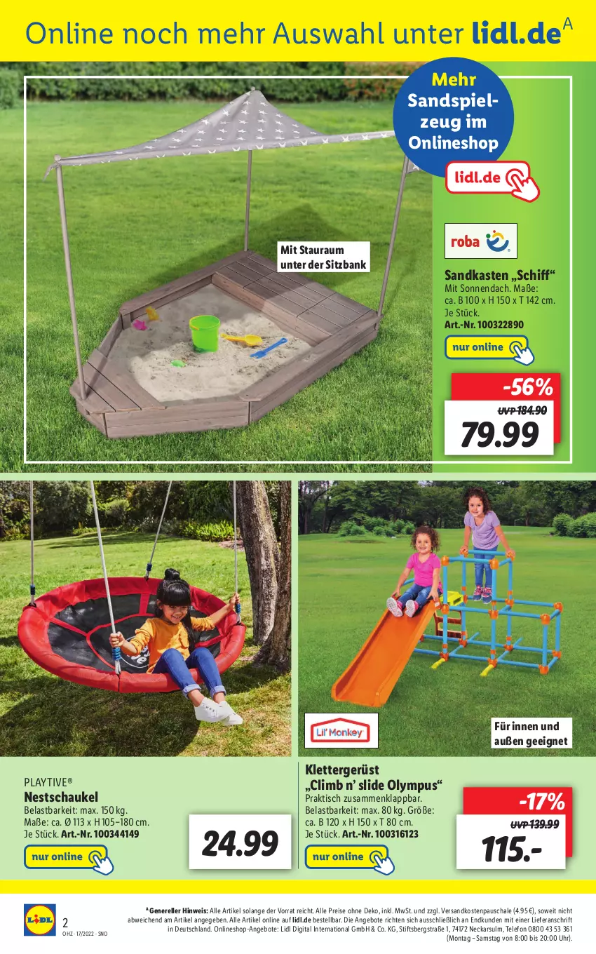 Aktueller Prospekt Lidl - Wochen-Highlights im Onlineshop - von 25.04 bis 01.05.2022 - strona 2 - produkty: angebot, angebote, Bank, eis, elle, ndk, reis, rel, Sandkasten, Sandspielzeug, Schal, Schale, Schaukel, sitzbank, spielzeug, telefon, Ti, tisch, uhr