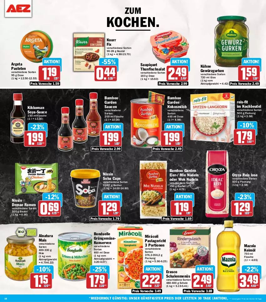 Aktueller Prospekt Aez - Prospekte - von 14.10 bis 19.10.2024 - strona 10 - produkty: bamboo, Becher, beutel, bonduelle, eier, eis, elle, erasco, fisch, flasche, Gemüsekonserve, gewürz, Gewürzgurke, gewürzgurken, gurke, gurken, keimöl, kikkoman, knorr, knorr fix, kochbeutel, kokos, kokosmilch, Konserven, Kühne, mais, mazola, milch, Mirácoli, natur, natura, Nissin, nudel, nudeln, oryza, pasta, Pastagericht, pastete, reis, reis-fit, salat, sauce, saucen, saupiquet, Schal, Schale, soya, thunfisch, Thunfischsalat, Ti, wok, ZTE