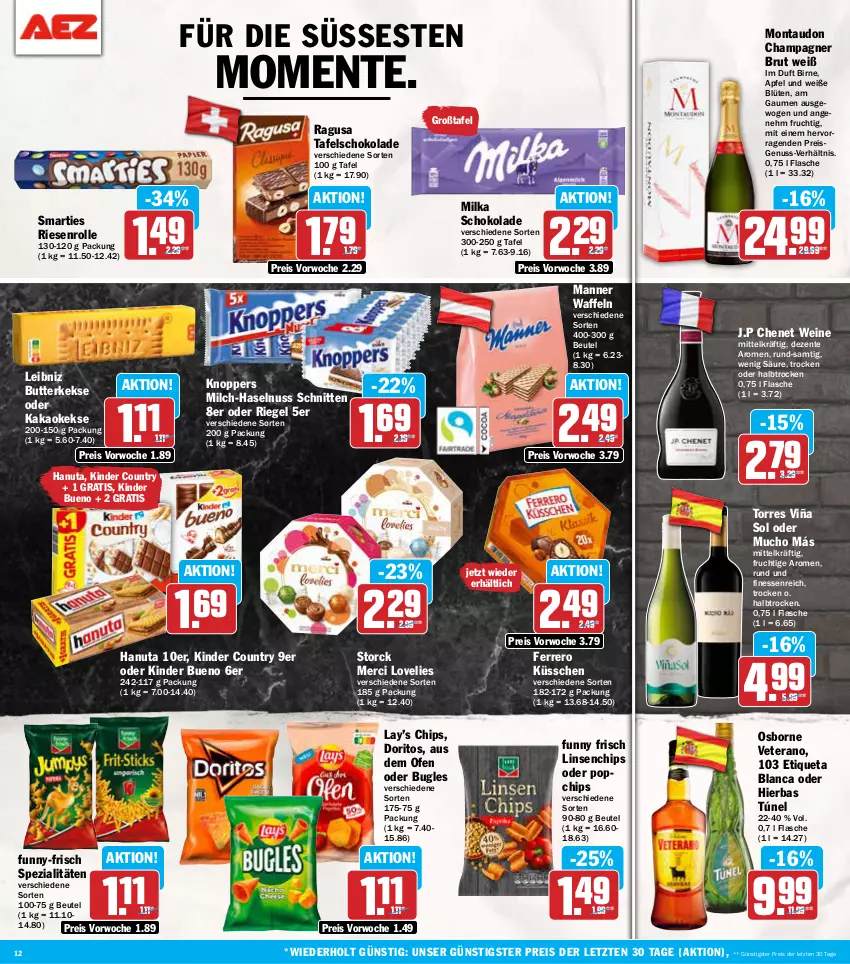 Aktueller Prospekt Aez - Prospekte - von 14.10 bis 19.10.2024 - strona 12 - produkty: apfel, beutel, Blüte, brut, bugles, butter, butterkeks, champagne, champagner, chips, Doritos, eis, ente, Etiqueta Blanca, ferrero, Ferrero Küsschen, finesse, flasche, frucht, Funny Frisch, funny-frisch, hanuta, haselnuss, kakao, keks, kekse, Kinder, kinder bueno, kinder country, knoppers, leibniz, linsen, Manner, merci, milch, milka, milka schokolade, nuss, Ofen, osborne, reis, riegel, schnitten, schoko, schokolade, smarties, Spezi, storck, tafelschokolade, Ti, veterano, waffeln, wein, weine, ZTE