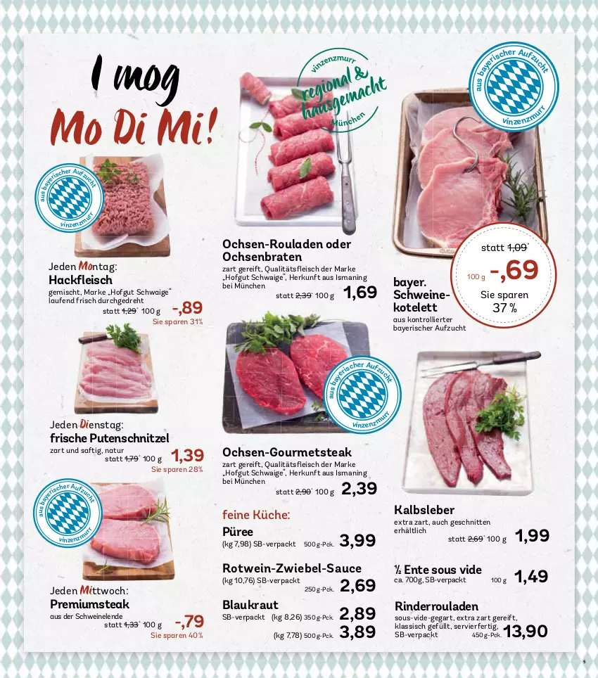 Aktueller Prospekt Aez - Prospekte - von 14.10 bis 19.10.2024 - strona 5 - produkty: braten, eis, ente, fleisch, hackfleisch, hackfleisch gemischt, hofgut, Kalbsleber, kotelett, Kraut, küche, Laufen, natur, püree, pute, putenschnitzel, rind, rinder, Rinderroulade, rinderrouladen, rotwein, rouladen, saft, sauce, schnitten, schnitzel, schwein, schweine, schweinekotelett, steak, Ti, trolli, wein, weine, zwiebel