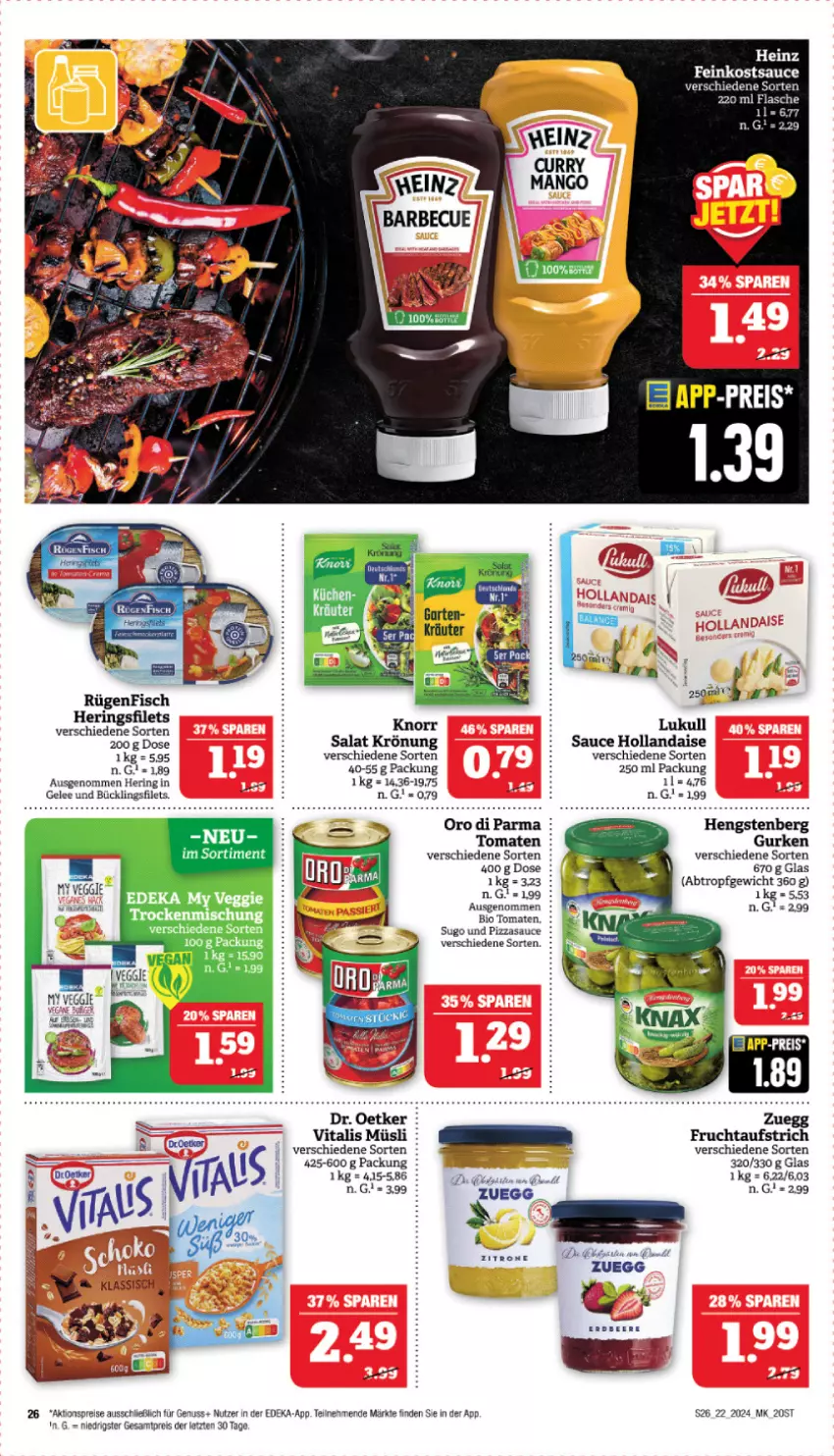 Aktueller Prospekt Marktkauf - Prospekt - von 26.05 bis 01.06.2024 - strona 26 - produkty: aktionspreis, aufstrich, barbecue, bio, deka, Dr. Oetker, eis, feinkost, filet, filets, fisch, flasche, frucht, fruchtaufstrich, gelee, gurke, gurken, heinz, hengstenberg, Hengstenberg Gurken, hering, Herings, heringsfilets, hollandaise, knorr, lukull, müsli, nuss, oro di parma, pizza, reis, ring, rügenfisch, salat, sauce, sauce hollandaise, Sugo, Ti, tomate, tomaten, vita, vitalis, vitalis müsli, ZTE, zuegg