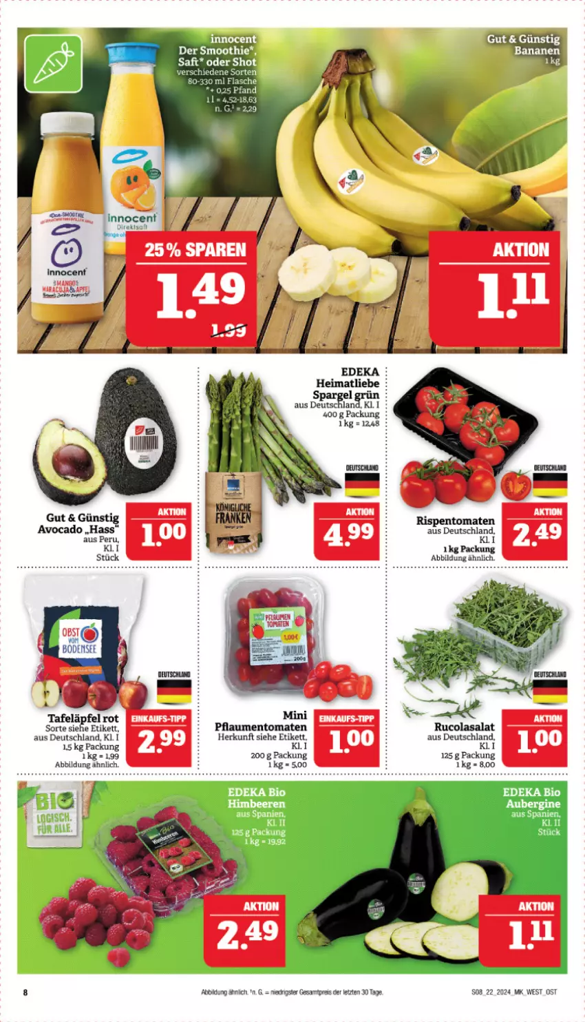 Aktueller Prospekt Marktkauf - Prospekt - von 26.05 bis 01.06.2024 - strona 8 - produkty: avocado, cola, deka, eis, gelee, Innocent, obst, pflaume, pflaumen, reis, rucola, salat, spargel, spargel grün, tafeläpfel, Ti, tomate, tomaten, ZTE