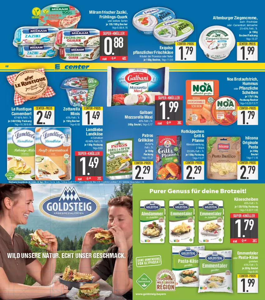 Aktueller Prospekt E Center - Angebote der Woche - von 08.05 bis 13.05.2023 - strona 12 - produkty: altenburger, aufstrich, Becher, beutel, brot, brotaufstrich, burger, camembert, creme, eis, emmentaler, ente, exquisa, frischkäse, galbani, gin, goldsteig, grill, Grillkäse, hilcona, hummus, Käse, käsescheiben, kräuter, landkäse, landliebe, Le Rustique, mac, milram, mozzarella, natur, ndk, pasta, patros, pfanne, quark, reis, rel, rotkäppchen, super-knüller, Ti, Wild, zaziki, zott, zottarella, ZTE