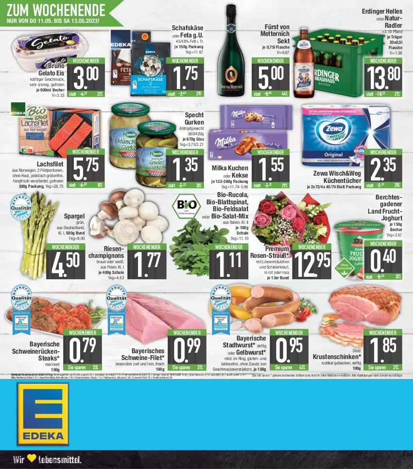 Aktueller Prospekt E Center - Angebote der Woche - von 08.05 bis 13.05.2023 - strona 24 - produkty: Becher, bio, blattspinat, braun, bruno gelato, champignon, champignons, champignons braun, cola, eier, eis, elle, erdinger, feldsalat, feta, filet, flasche, frucht, fruchtjoghurt, fürst von metternich, geback, gurke, gurken, joghur, joghurt, Käse, keks, kekse, Kraut, Krustenschinken, küche, Küchen, kuchen, küchentücher, lachs, lachsfilet, lebensmittel, mac, Mett, metternich, milka, natur, radler, reis, ring, rosen, Rückensteak, rückensteaks, rucola, rwe, saft, salat, schafskäse, Schal, Schale, schinken, schwein, schweine, schweine-filet, schweinerücken, sekt, spargel, specht, spinat, steak, steaks, Ti, tisch, tücher, wein, weine, wurst, zewa, ZTE