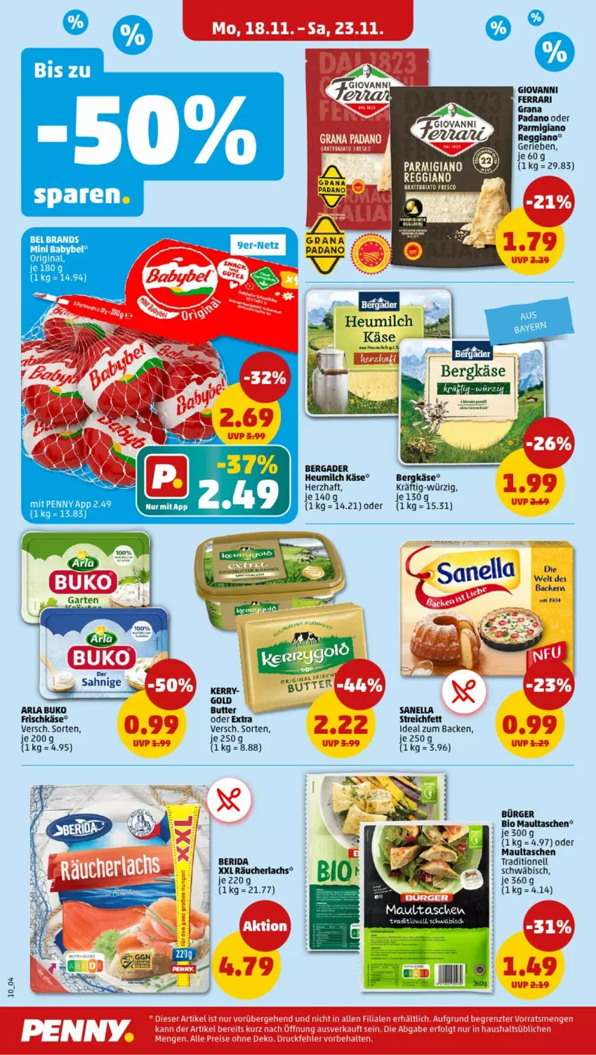 Aktueller Prospekt Penny - Prospekte - von 18.11 bis 23.11.2024 - strona 10 - produkty: arla, arla buko, babybel, bergader, Bergkäse, bio, Buko, butter, frischkäse, gin, grana, Heu, heumilch, Käse, lachs, maultaschen, milch, mini babybel, padano, parmigiano, Rana, Räucherlachs, Tasche, taschen, tee, Ti