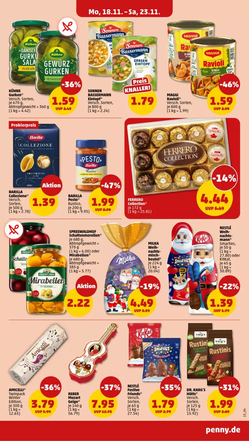 Aktueller Prospekt Penny - Prospekte - von 18.11 bis 23.11.2024 - strona 15 - produkty: amicelli, barilla, beutel, eintopf, elle, gurke, gurken, kitkat, Kühne, maggi, milka, morellen, pesto, ravioli, rel, schattenmorellen, smarties, spreewaldhof, Ti, topf