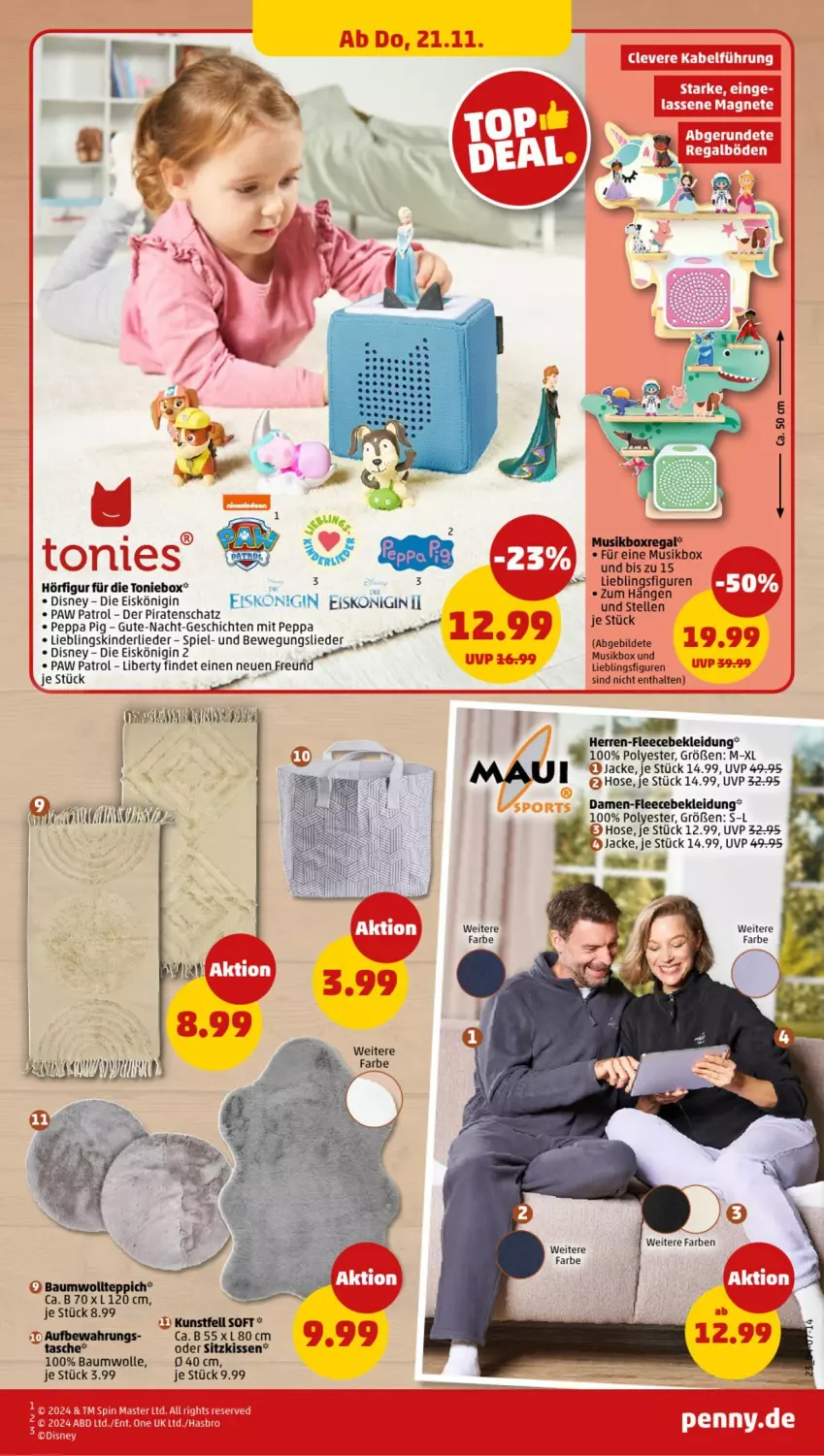 Aktueller Prospekt Penny - Prospekte - von 18.11 bis 23.11.2024 - strona 23 - produkty: Bau, baumwolle, disney, eis, Eiskönigin, elle, gin, Hasbro, hose, Jacke, kissen, kleid, Kleidung, Paw Patrol, Peppa Pig, regal, sitzkissen, Tasche, teppich, Toniebox, wolle