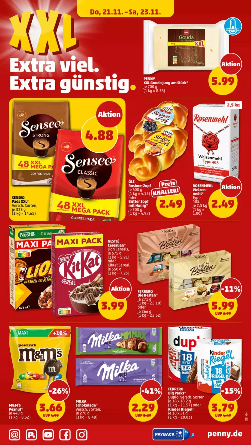 Aktueller Prospekt Penny - Prospekte - von 18.11 bis 23.11.2024 - strona 33 - produkty: cerealien, cereals, duplo, gouda, gouda jung, honig, kitkat, lion, senseo, senseo pads