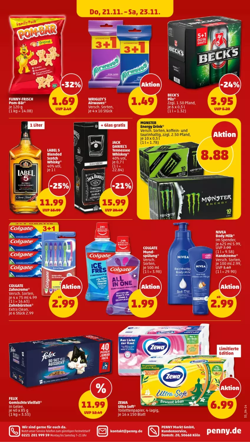 Aktueller Prospekt Penny - Prospekte - von 18.11 bis 23.11.2024 - strona 35 - produkty: beck's, body, body milk, bürste, bürsten, colgate, creme, drink, energy drink, handcreme, LG, monster, nivea, papier, pom-bär, telefon, Ti, toilettenpapier, uhr, whiskey, zahnbürste, zahnbürsten