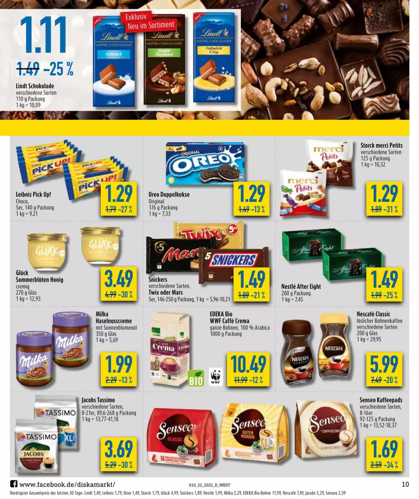 Aktueller Prospekt Diska - Prospekte - von 30.05 bis 04.06.2022 - strona 10 - produkty: after eight, bio, blume, blumen, blumenöl, Blüte, bohne, bohnen, bohnenkaffee, caffe, creme, deka, Doppelkekse, edeka bio, eis, gin, haselnuss, Haselnusscreme, honig, jacobs, jacobs tassimo, kaffee, kaffeepads, keks, kekse, leibniz, lindt, löslicher bohnenkaffee, mars, merci, milka, nescafe, nuss, oreo, Pick Up!, reis, schoko, schokolade, senseo, sim, snickers, sonnenblume, sonnenblumen, sonnenblumenöl, storck, tassimo, Ti, twix, ZTE