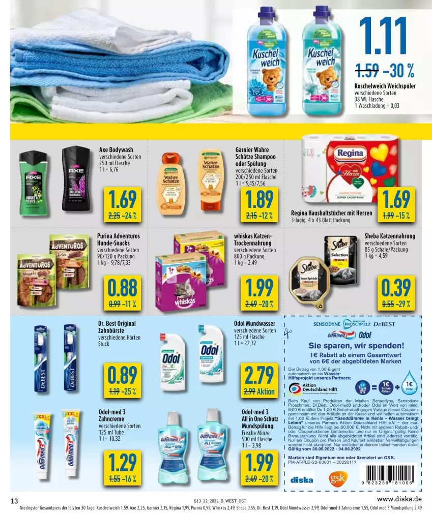 Aktueller Prospekt Diska - Prospekte - von 30.05 bis 04.06.2022 - strona 13 - produkty: adventuros, auto, axe, body, bürste, coupon, coupons, creme, Dr. Best, eis, erde, flasche, garnier, gin, haushaltstücher, katzennahrung, Kuschelweich, minze, mundspülung, mundwasser, Odol, odol med, Odol-med 3, purina, reis, ring, Schal, Schale, sensodyne, shampoo, shampoo 250 ml, sheba, snack, snacks, sofortrabatt, spülung, Ti, tisch, Trockennahrung, tücher, wasser, weichspüler, whiskas, zahncreme, ZTE