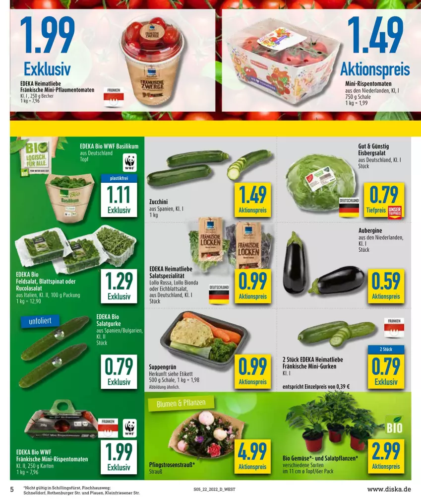 Aktueller Prospekt Diska - Prospekte - von 30.05 bis 04.06.2022 - strona 5 - produkty: aktionspreis, asti, aubergine, basilikum, Becher, bio, burger, cola, deka, edeka bio, Eichblattsalat, eis, eisbergsalat, fisch, gin, gurke, gurken, LG, mini-gurken, mini-rispentomaten, Pfingstrosen, pflaume, pflaumen, reis, rispentomaten, rosen, Rosenstrauß, rucola, salat, Salatgurke, Schal, Schale, Spezi, suppe, suppen, Ti, tiefpreis, tomate, tomaten, topf, zucchini