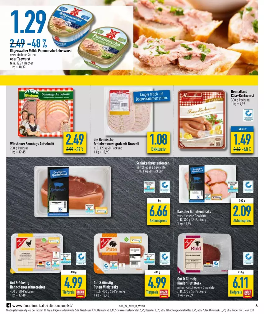 Aktueller Prospekt Diska - Prospekte - von 30.05 bis 04.06.2022 - strona 6 - produkty: aktionspreis, auer, aufschnitt, Bau, Bauer, Becher, bockwurst, braten, broccoli, eier, eis, geschnetzeltes, Hähnchengeschnetzeltes, hüftsteak, Käse, kasseler, krustenbraten, minutensteaks, pute, reis, rind, rinder, rügenwalder, rügenwalder mühle, schinken, schinkenwurst, steak, steaks, tee, teewurst, Ti, tiefpreis, wiesbauer, wurst, Zelt, ZTE