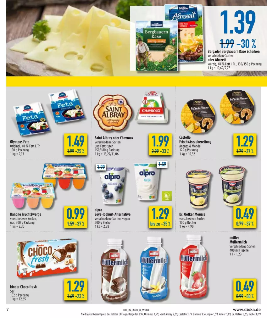 Aktueller Prospekt Diska - Prospekte - von 30.05 bis 04.06.2022 - strona 7 - produkty: albray, alpro, ananas, auer, Bau, Bauer, Becher, bergader, chavroux, choco fresh, danone, danone fruchtzwerge, Dr. Oetker, eis, feta, flasche, frucht, fruchtzwerge, Germ, gin, joghur, joghurt, Käse, Kinder, Kinder Choco fresh, mandel, milch, mousse, Müller, müllermilch, reis, saint albray, soya, Ti, ZTE