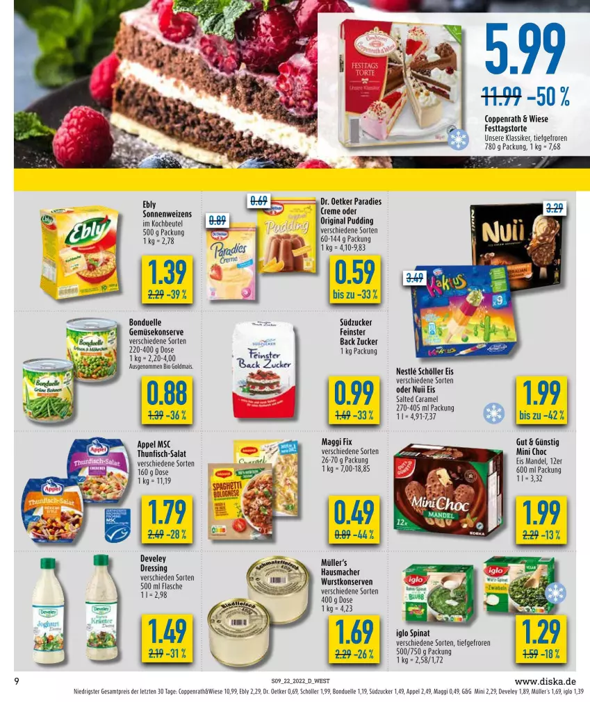 Aktueller Prospekt Diska - Prospekte - von 30.05 bis 04.06.2022 - strona 9 - produkty: beutel, bio, bonduelle, caramel, coppenrath, creme, develey, Dr. Oetker, eis, elle, fisch, Gemüsekonserve, gin, Goldmais, Hausmacher, iglo, kochbeutel, Konserven, mac, maggi, maggi fix, mais, mandel, Müller, nuii, pudding, reis, salat, Schöller, spinat, südzucker, thunfisch, Ti, torte, wurst, wurstkonserven, ZTE, zucker