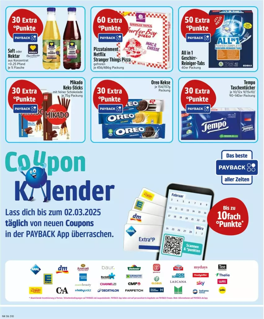 Aktueller Prospekt Edeka - Prospekte - von 03.02 bis 08.02.2025 - strona 12 - produkty: Bau, coupon, coupons, flasche, geschirr, keks, kekse, Nektar, oreo, payback, pizza, reiniger, schoko, schokolade, Tasche, taschen, taschentücher, Tempo, Ti, tücher