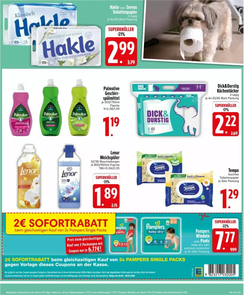 Aktueller Prospekt Edeka - Prospekte - von 03.02 bis 08.02.2025 - strona 27 - produkty: coupon, eis, feuchtes toilettenpapier, flasche, geschirr, küche, Küchen, küchentücher, lenor, lenor weichspüler, papier, reis, spülmittel, Tempo, Ti, toilettenpapier, tücher, weichspüler