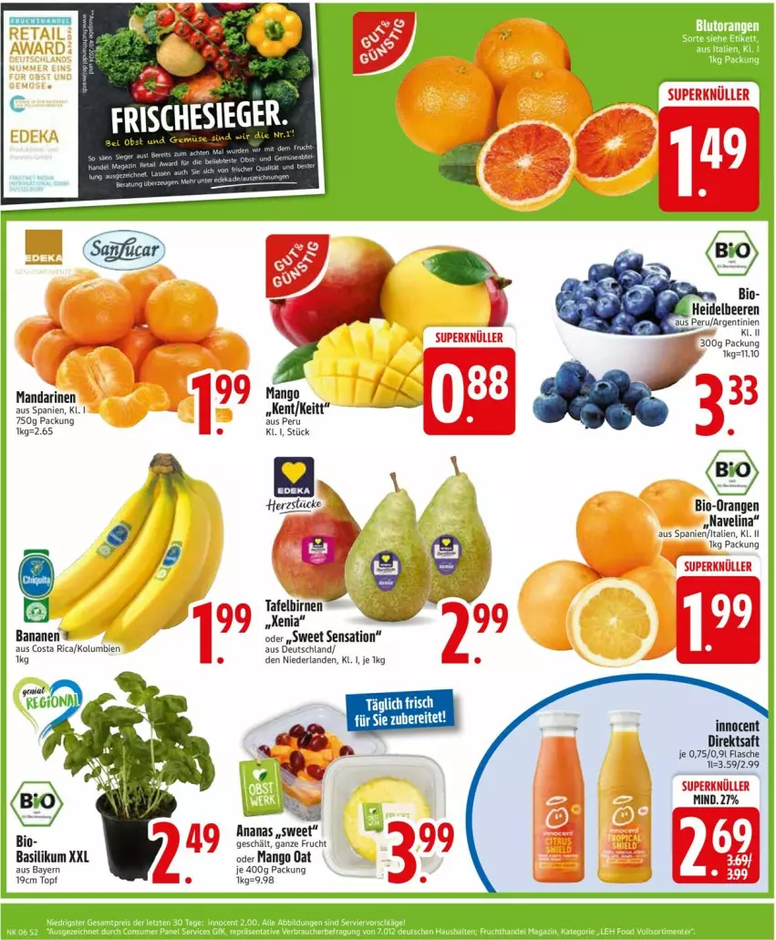 Aktueller Prospekt Edeka - Prospekte - von 03.02 bis 08.02.2025 - strona 4 - produkty: ananas, banane, bananen, basilikum, bio, direktsaft, flasche, frucht, Innocent, mandarine, mandarinen, mango, saft, Ti, topf