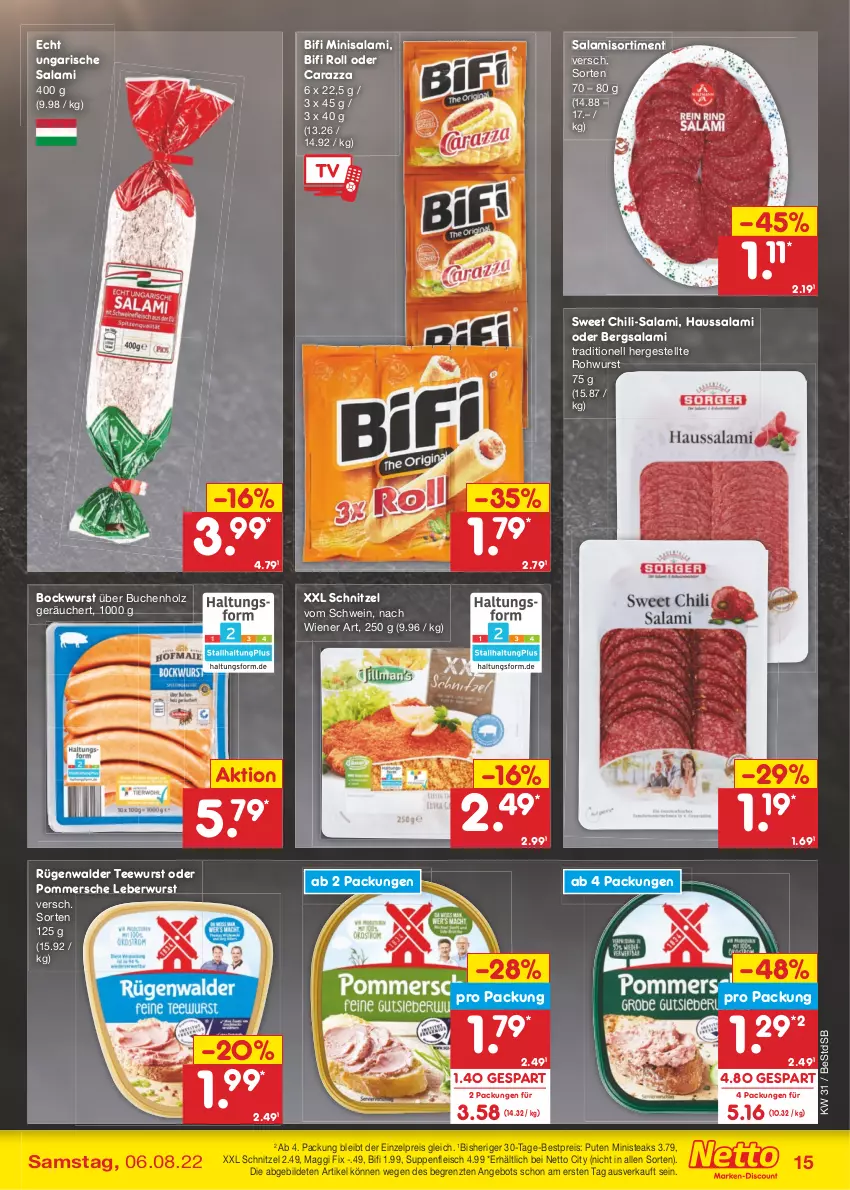 Aktueller Prospekt Netto Marken-Discount - Filial-Angebote - von 01.08 bis 06.08.2022 - strona 15 - produkty: angebot, bestpreis, bifi, bockwurst, buch, chili, eis, fleisch, Haussalami, Holz, leberwurst, maggi, maggi fix, Pommersche, pute, reis, Rohwurst, rügenwalder, salami, schnitzel, schwein, steak, steaks, suppe, suppen, suppenfleisch, tee, teewurst, Ti, Ungarische Salami, wein, wiener, wurst, ZTE