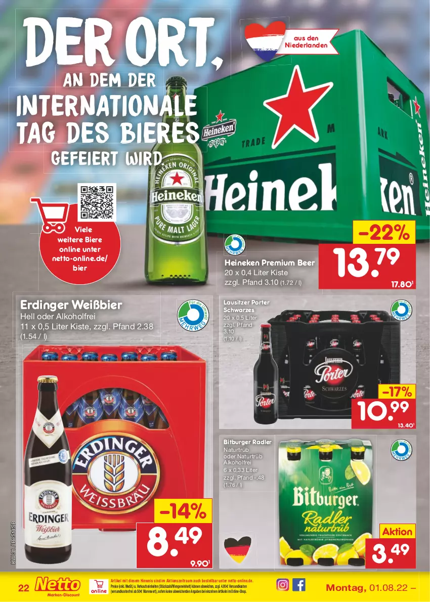 Aktueller Prospekt Netto Marken-Discount - Filial-Angebote - von 01.08 bis 06.08.2022 - strona 22 - produkty: alkohol, bier, Biere, bitburger, burger, eier, eis, erdinger, heineken, natur, ndk, radler, reis, Ti, versandkostenfrei