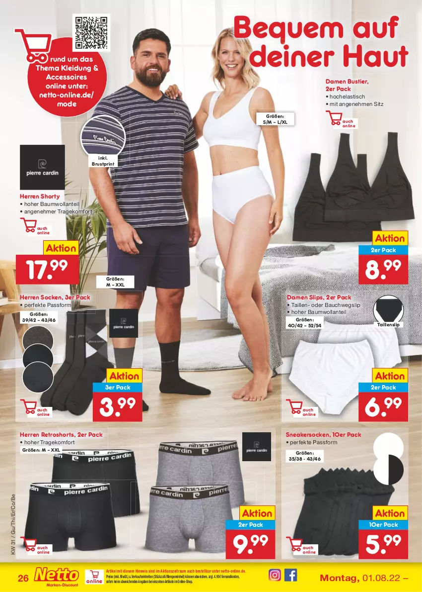 Aktueller Prospekt Netto Marken-Discount - Filial-Angebote - von 01.08 bis 06.08.2022 - strona 26 - produkty: ACC, accessoires, asti, Bau, eis, Hela, kleid, Kleidung, Mode, ndk, reis, retroshorts, shorts, shorty, slip, slips, sneaker, sneakersocken, socken, Stier, Taillenslip, Ti, tisch