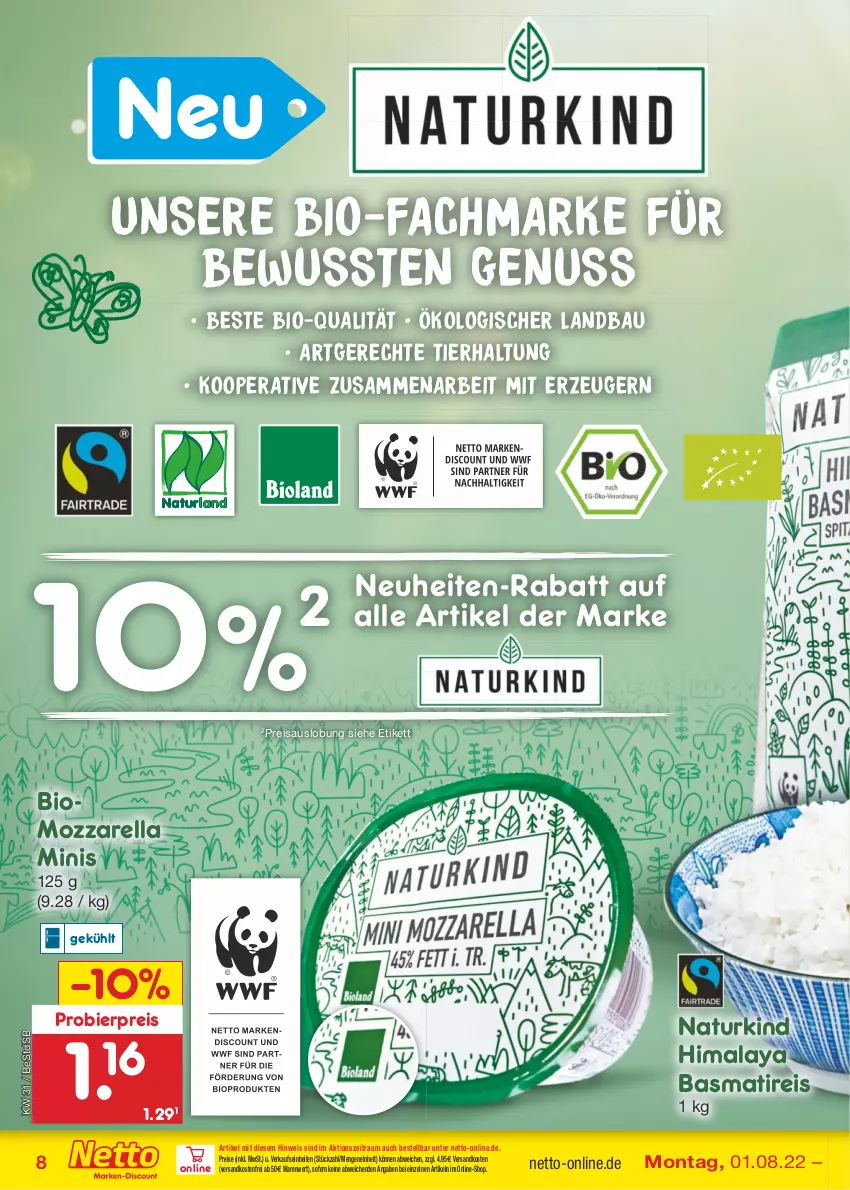 Aktueller Prospekt Netto Marken-Discount - Filial-Angebote - von 01.08 bis 06.08.2022 - strona 8 - produkty: basmati, Bau, bier, bio, discount, eis, mozzarella, natur, ndk, neuheit, nuss, reis, rel, Ti, versandkostenfrei