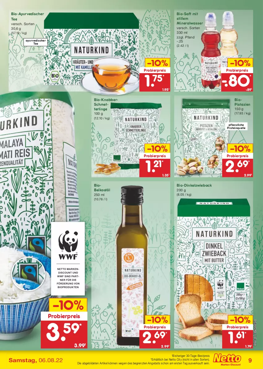 Aktueller Prospekt Netto Marken-Discount - Filial-Angebote - von 01.08 bis 06.08.2022 - strona 9 - produkty: Alwa, angebot, bestpreis, bier, bio, discount, eis, elle, Mett, mineralwasser, pistazien, reis, saft, Schmetterling, tee, Ti, wasser, ZTE