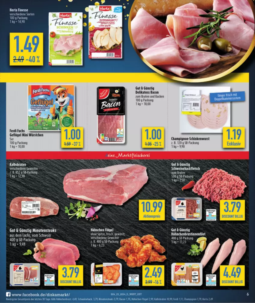 Aktueller Prospekt Diska - von 27.05 bis 01.06.2024 - strona 8 - produkty: bacon, braten, champignon, discount, eis, ferdi fuchs, filet, finesse, fleisch, Geflügel, gewürz, hähnchenbrust, herta, herta finesse, minutensteaks, schinken, schinkenwurst, schwein, schweine, steak, steaks, tee, Ti, wein, weine, wurst, würstchen