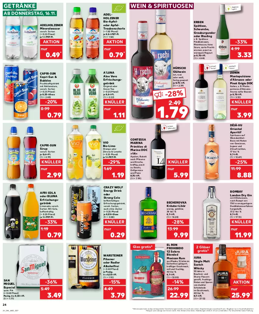 Aktueller Prospekt Kaufland - Prospekt - von 16.11 bis 22.11.2023 - strona 24 - produkty: adelholzener, Afri Cola, alkohol, aloe vera, Alwa, angebot, aperitif, apfel, Becher, Becherovka, beere, beeren, bio, bourbon, burgunder, Cap, capri-sun, cola, drink, dry gin, energy drink, erfrischungsgetränk, frucht, früchte, früchten, fruchtsaft, fruchtsaftgetränk, getränk, getränke, gewürz, gin, Gläser, Glühwein, grauburgunder, green tea, grill, hero, Heu, Holz, ingwer, Jura, kirsch, kirsche, kräuter, LG, likör, limette, limo, limonade, london dry, london dry gin, mac, Mett, mineralwasser, monte, Montepulciano, oder radler, orange, pflaume, pils, pilsener, Pinot, pinot grigio, pizza, primitivo, radler, Ragout, rezept, riesling, rotwein, rum, saft, schoko, schokolade, schorle, scotch, scotch whisky, single malt, sirup, spirituosen, steak, steaks, steiner, Ti, trauben, warsteiner, wasser, wein, Weißwein, whisky, zitrone, zonin, ZTE, zucker