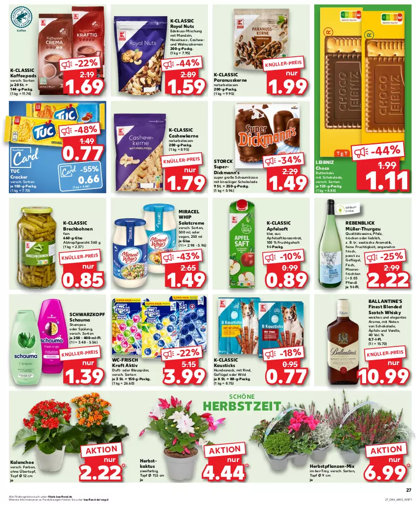 Aktueller Prospekt Kaufland - Prospekt - von 16.11 bis 22.11.2023 - strona 27 - produkty: angebot, angebote, apfel, apfelsaft, aust, ball, Ballantine's, blended scotch, blended scotch whisky, bohne, bohnen, butter, butterkeks, Cashew, cashewkerne, cracker, creme, Dickmann's, eis, fisch, frucht, früchte, früchten, Geflügel, haselnuss, hundesnack, kaffee, kaffeepads, Kalanchoe, keks, kraft, leibniz, mandel, mandeln, meeresfrüchte, miracel, miracel whip, Müller, Müller-Thurgau, natur, nuss, Paranusskerne, pflanze, pflanzen, qualitätswein, qualitätsweine, rind, saft, salat, salatcreme, schauma, schoko, schokolade, schwarzkop, schwarzkopf, scotch, scotch whisky, shampoo, shampoo oder spülung, snack, spülung, storck, Ti, tisch, topf, topf ø 12 cm, tuc, übertopf, vanille, walnuss, walnusskerne, wein, weine, Weißwein, whisky, Wild