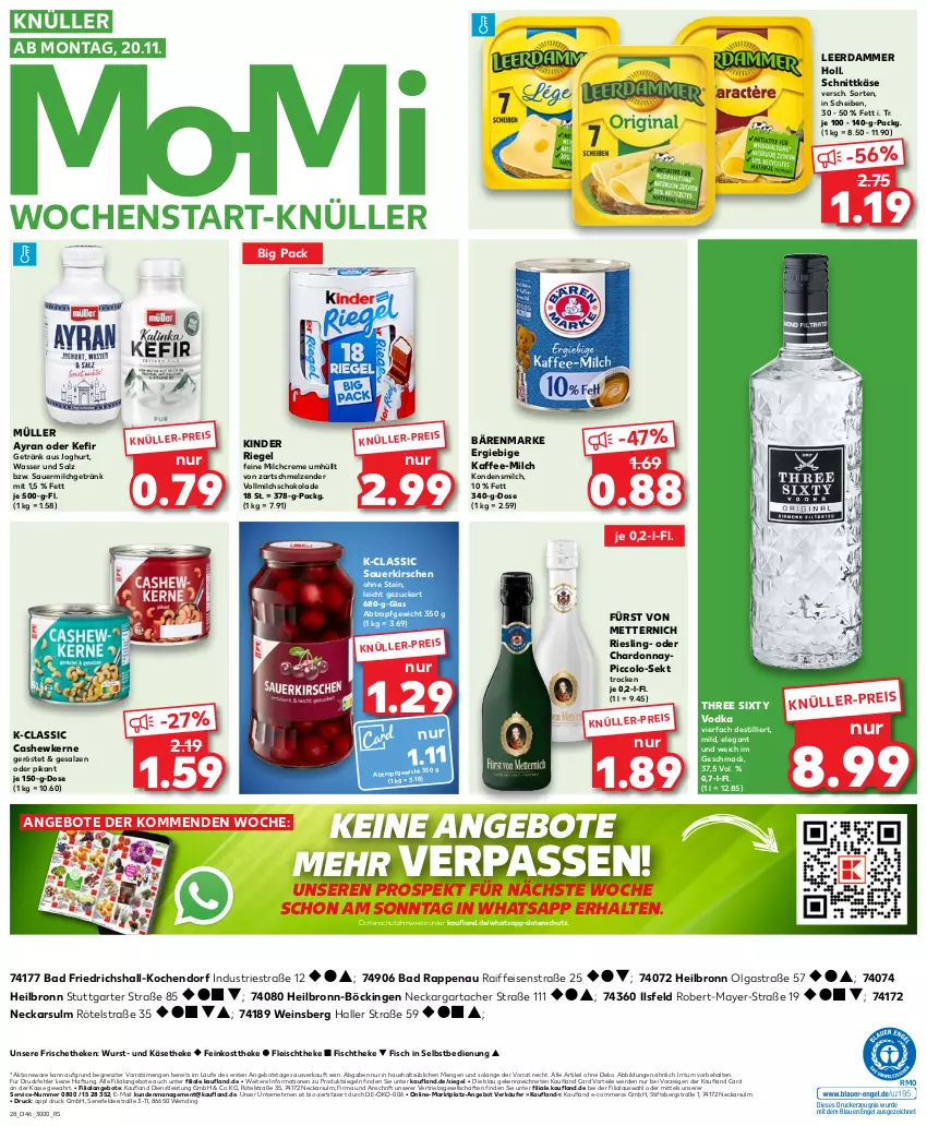 Aktueller Prospekt Kaufland - Prospekt - von 16.11 bis 22.11.2023 - strona 28 - produkty: angebot, angebote, Astra, auer, Ayran, Bad, bärenmarke, bio, Cashew, cashewkerne, chardonnay, creme, drucker, eis, Engel, erde, feinkost, feinkosttheke, fisch, fischtheke, fleisch, fürst von metternich, getränk, joghur, joghurt, kaffee, Käse, käsetheke, Kefir, kerze, Kinder, kinder riegel, kirsch, kirsche, kirschen, kondensmilch, leerdammer, LG, mac, Mett, metternich, milch, Müller, riegel, riesling, salz, sauerkirschen, schnittkäse, schoko, schokolade, sekt, Three Sixty, Ti, vodka, vollmilch, wasser, wein, wurst, ZTE, zucker