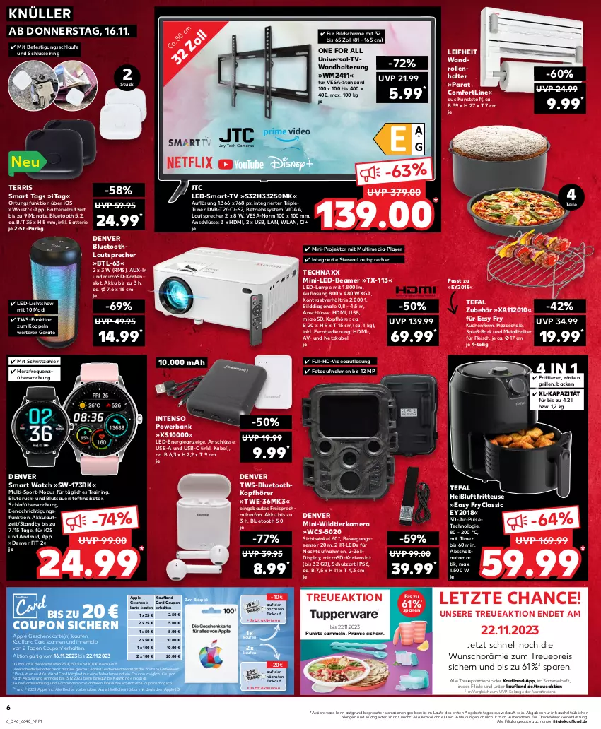 Aktueller Prospekt Kaufland - Prospekt - von 16.11 bis 22.11.2023 - strona 6 - produkty: akku, angebot, angebote, Apple, auer, auto, Bank, batterie, Bau, Betriebssystem, Bewegungssensor, coupon, coupons, deo, dvb, DVB-T, eis, fernbedienung, fleisch, fritteuse, grill, HDMI, Heißluftfritteuse, HP, intenso, jtc, kamera, kopfhörer, kuchen, Lampe, lautsprecher, led-licht, leds, leifheit, microsd, pizza, powerbank, Projektor, rabatt-coupon, reis, ring, Schal, Schale, schirme, Sport, technaxx, tefal, Ti, Tiere, timer, tuner, usb, wandhalterung, Wild, ZTE