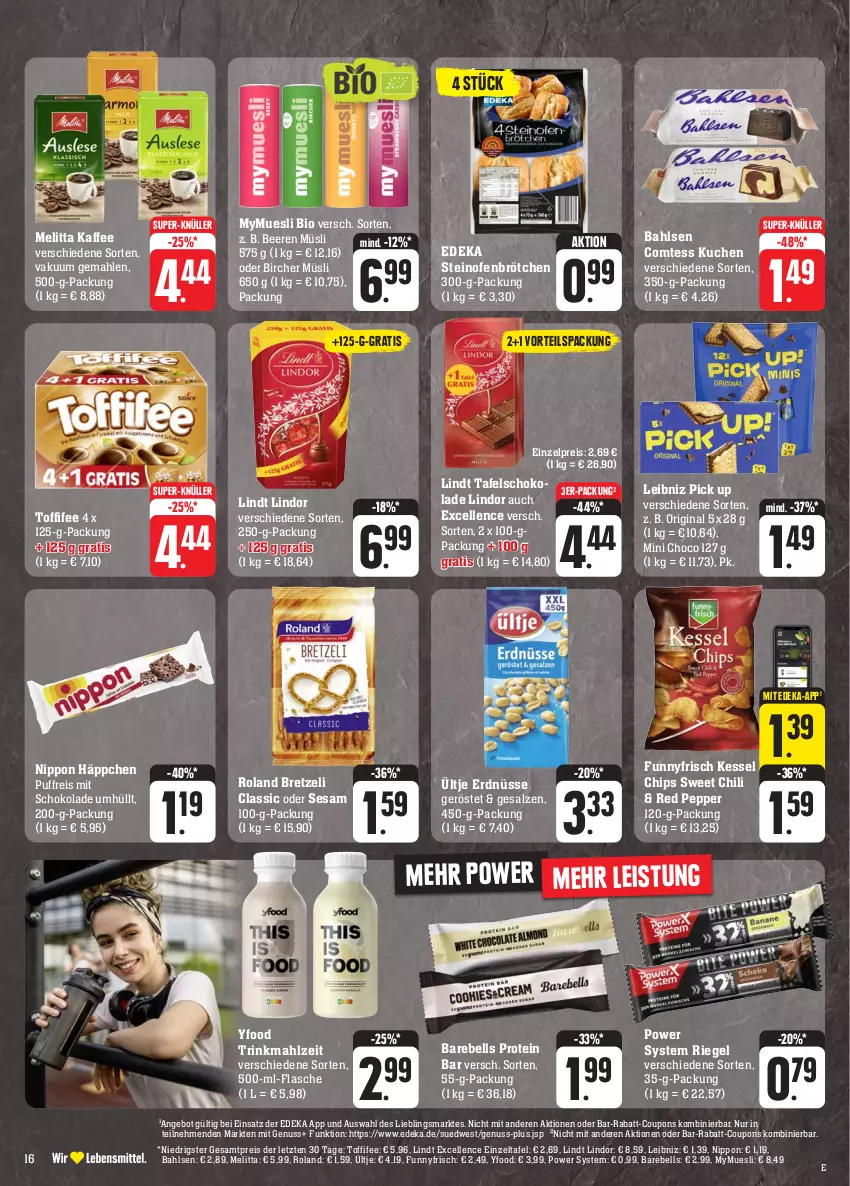 Aktueller Prospekt Edeka - Angebote der Woche - von 25.09 bis 30.09.2023 - strona 20 - produkty: angebot, bahlsen, beere, beeren, bio, brötchen, chili, chips, comtess, comtess kuchen, coupon, coupons, deka, eis, elle, erdnüsse, flasche, gin, kaffee, kuchen, leibniz, lindor, lindt, melitta, müsli, nippon, nuss, Ofen, rabatt-coupon, rebell, reis, riegel, salz, schoko, schokolade, sesam, steinofen, super-knüller, tafelschokolade, Ti, toffifee, ültje, ültje erdnüsse, Zelt, ZTE