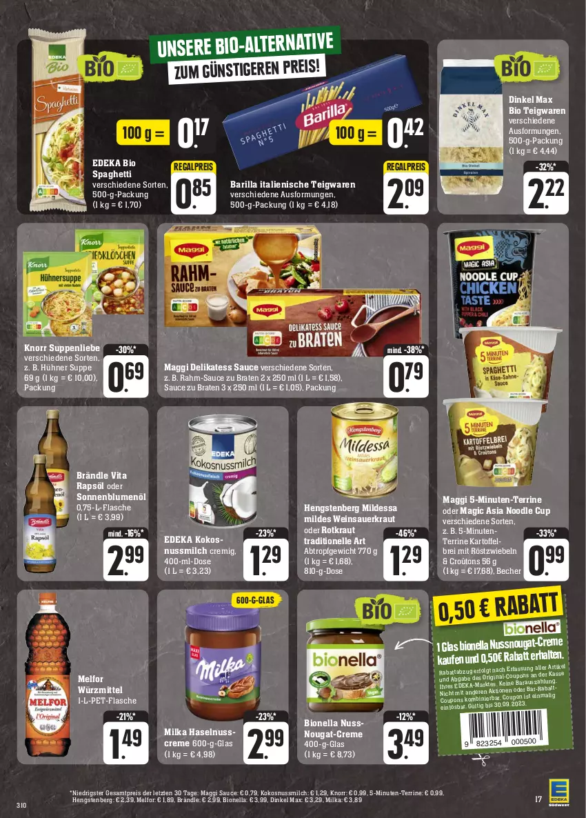 Aktueller Prospekt Edeka - Angebote der Woche - von 25.09 bis 30.09.2023 - strona 21 - produkty: auer, barilla, Becher, bio, blume, blumen, blumenöl, braten, Brei, coupon, coupons, creme, deka, delikatess sauce, edeka bio, eis, elle, ente, flasche, gin, haselnuss, Haselnusscreme, hengstenberg, hühner, kartoffel, kartoffelbrei, knorr, kokos, kokosnuss, Kokosnussmilch, Kraut, LG, maggi, milch, milka, mit röstzwiebeln, nuss, pet-flasche, rapsöl, regal, reis, röstzwiebeln, sauce, Sauerkraut, sonnenblume, sonnenblumen, sonnenblumenöl, spaghetti, suppe, suppen, suppenliebe, teigwaren, terrine, Ti, vita, wein, Weinsauerkraut, ZTE, zwiebel, zwiebeln