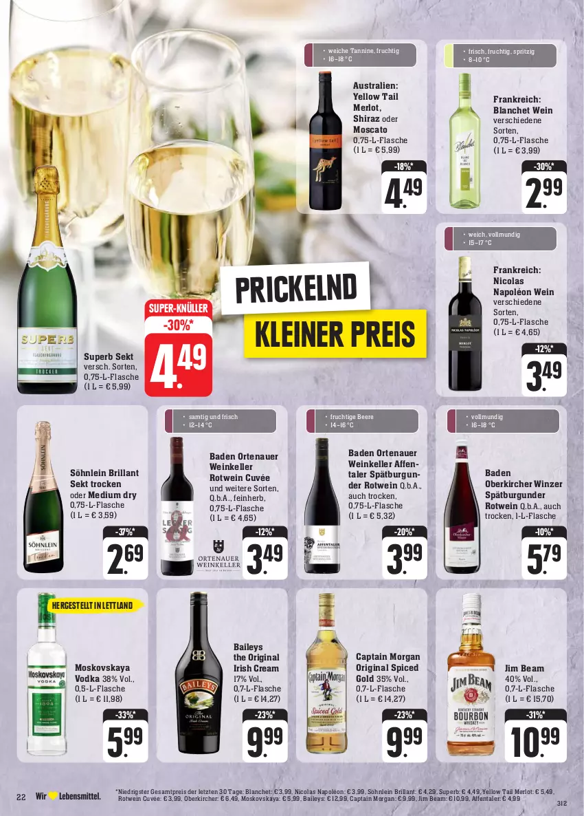 Aktueller Prospekt Edeka - Angebote der Woche - von 25.09 bis 30.09.2023 - strona 27 - produkty: auer, aust, Bad, baileys, beere, brillant sekt, burgunder, Cap, captain morgan, cola, cuvée, eis, elle, flasche, frucht, gin, irish cream, jim beam, leine, merl, merlot, moskovskaya, original spiced gold, ortenauer, reis, rotwein, sekt, söhnlein, söhnlein brillant, spätburgunder, super-knüller, Ti, vodka, wein, yellow tail, ZTE