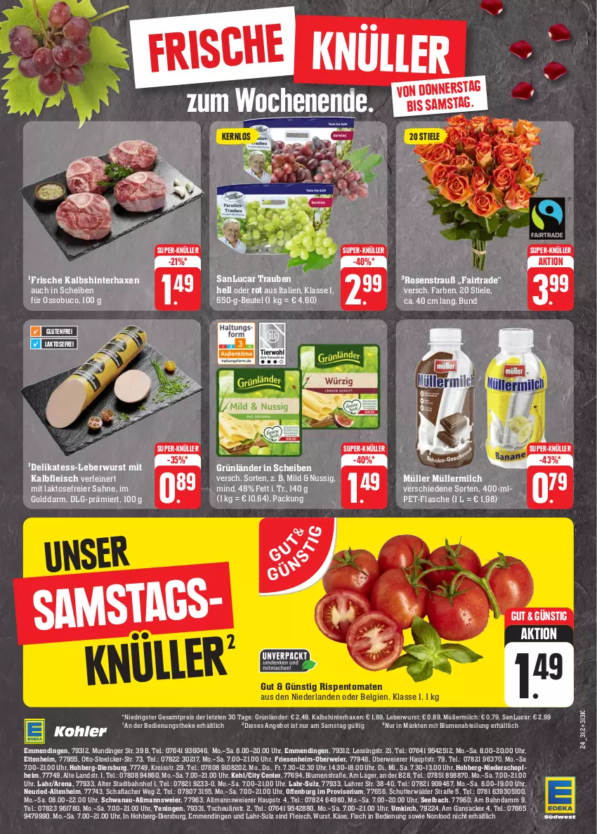 Aktueller Prospekt Edeka - Angebote der Woche - von 25.09 bis 30.09.2023 - strona 29 - produkty: Abtei, angebot, axe, beutel, blume, blumen, eier, eis, ente, fisch, flasche, fleisch, grünländer, Haxe, Heu, Kalbfleisch, Käse, leberwurst, LG, milch, mit kalbfleisch, Müller, müllermilch, nuss, pet-flasche, reis, reiss, rispentomaten, rosen, Rosenstrauß, rwe, sac, sahne, super-knüller, Ti, tomate, tomaten, trauben, uhr, wurst, ZTE