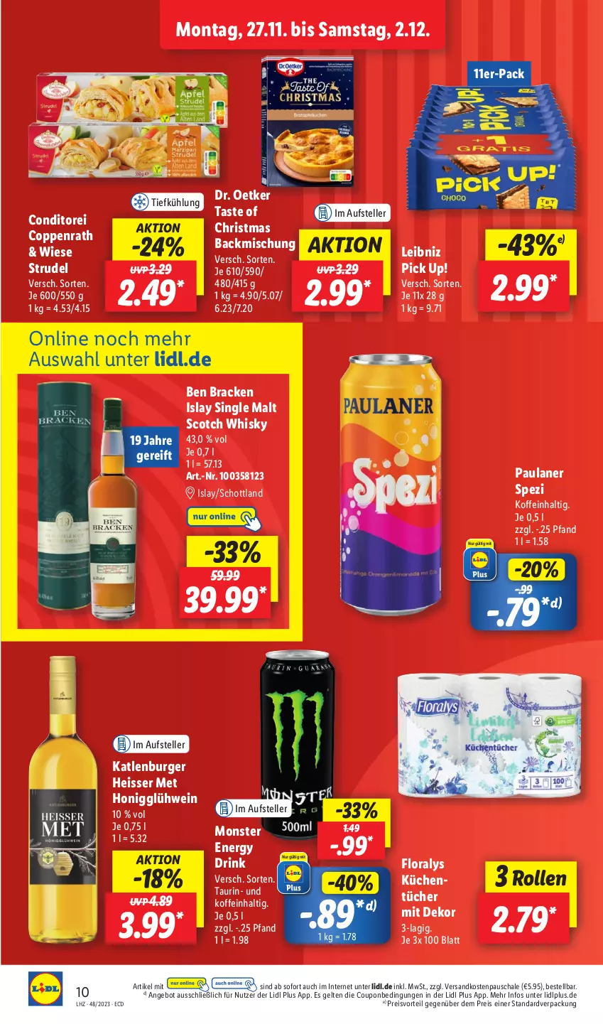 Aktueller Prospekt Lidl - Aktionsprospekt - von 27.11 bis 02.12.2023 - strona 12 - produkty: angebot, backmischung, burger, coppenrath, coupon, Dr. Oetker, drink, eis, elle, energy drink, Floralys, Glühwein, honig, islay single malt, katlenburger, küche, Küchen, küchentücher, leibniz, monster, Monster Energy, ndk, Paula, paulaner, Pick Up!, preisvorteil, reis, Schal, Schale, schott, scotch, scotch whisky, single malt, Spezi, Strudel, teller, Ti, tücher, wein, whisky