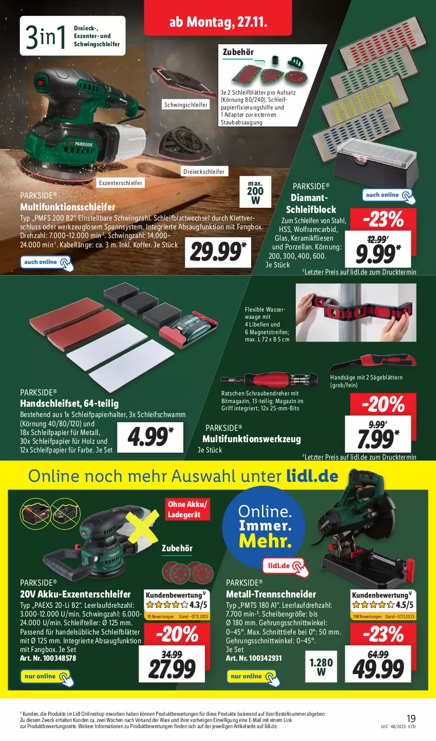 Aktueller Prospekt Lidl - Aktionsprospekt - von 27.11 bis 02.12.2023 - strona 27 - produkty: adapter, akku, Akku-Exzenterschleifer, eis, elle, ente, Holz, koffer, ladegerät, magazin, Magnets, papier, Parkside, reifen, reis, säge, Schleifpapier, schrauben, Schraubendreher, schwamm, teller, Ti, Waage, wasser, weck, werkzeug, ZTE