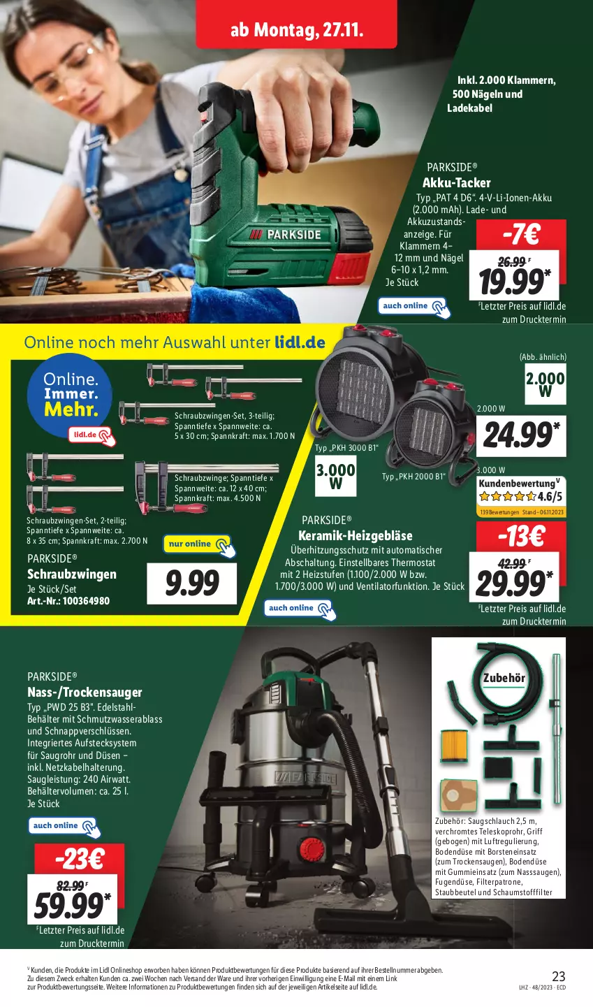 Aktueller Prospekt Lidl - Aktionsprospekt - von 27.11 bis 02.12.2023 - strona 31 - produkty: akku, auto, Behälter, beutel, deka, edelstahl, eis, Heizgebläse, Klammern, kraft, ladekabel, lamm, Parkside, reis, Schal, schlauch, staubbeutel, Teleskop, thermostat, Ti, tisch, Trockensauger, überhitzungsschutz, ventilator, wasser, weck, ZTE