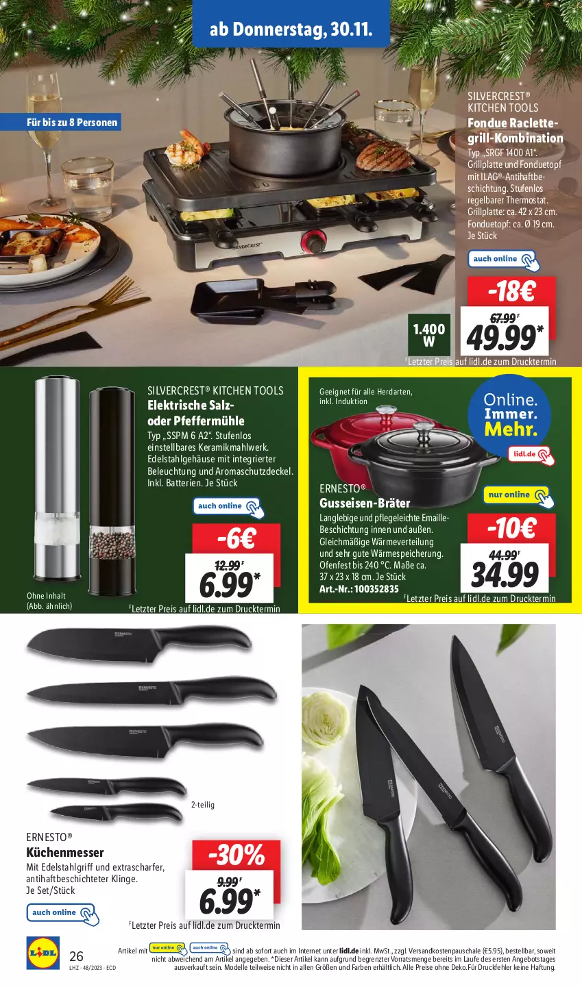 Aktueller Prospekt Lidl - Aktionsprospekt - von 27.11 bis 02.12.2023 - strona 34 - produkty: angebot, batterie, batterien, beleuchtung, decke, Deckel, dell, edelstahl, eis, elle, ernesto, Fondue, grill, grillplatte, herdarten, ilag, küche, Küchen, latte, LG, maille, messer, Mode, ndk, Ofen, pfeffer, Pfeffermühle, Raclettegrill, reis, salz, Schal, Schale, silvercrest, thermostat, Ti, topf, ZTE