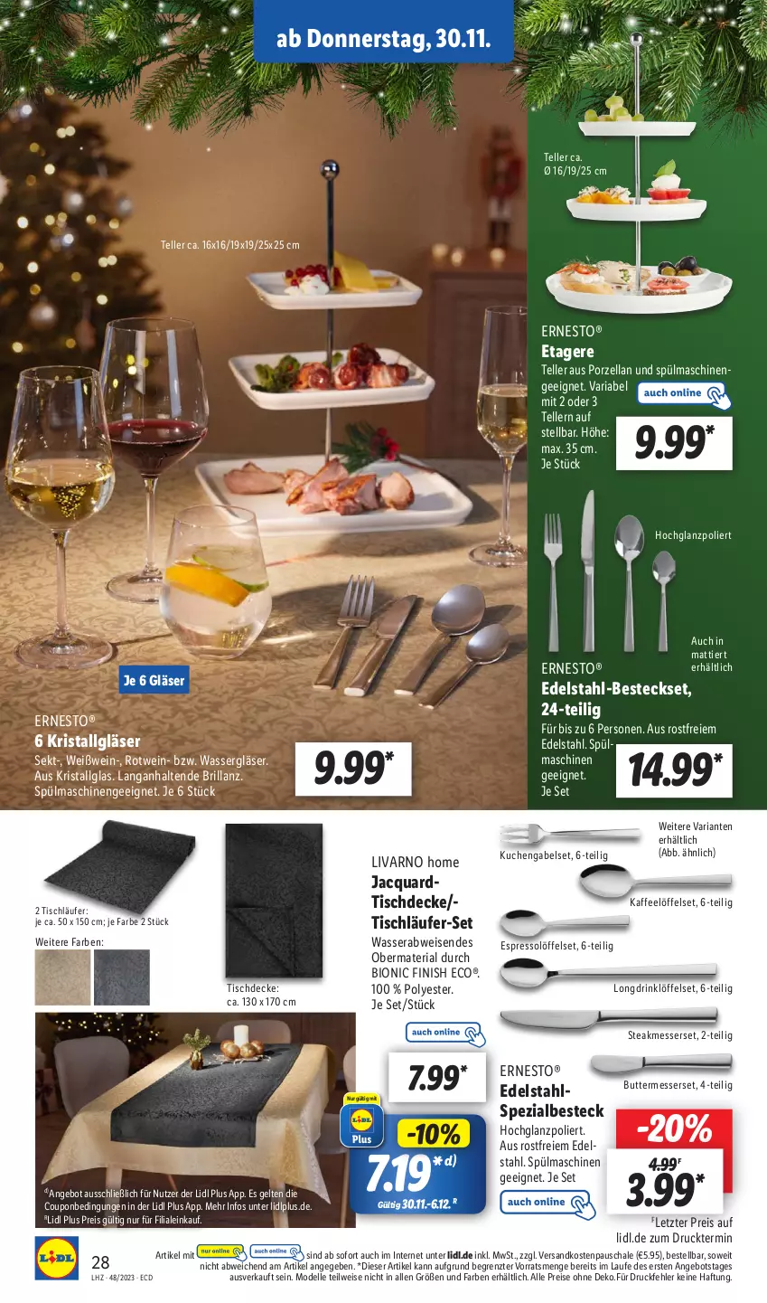 Aktueller Prospekt Lidl - Aktionsprospekt - von 27.11 bis 02.12.2023 - strona 36 - produkty: angebot, besteck, besteckset, bio, butter, coupon, decke, dell, drink, edelstahl, Edelstahl-Besteck, eis, elle, ernesto, espresso, Etagere, Finish, gabel, Gläser, hochglanz, kaffee, kuchen, Läufer, LG, Löffel, messer, Messerset, Mode, ndk, reis, Ria, rotwein, Schal, Schale, sekt, Spezi, steak, teller, Ti, tisch, tischdecke, tischläufer, wasser, wein, Weißwein, ZTE