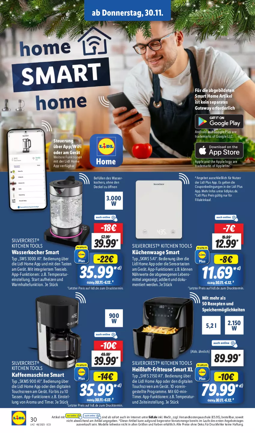 Aktueller Prospekt Lidl - Aktionsprospekt - von 27.11 bis 02.12.2023 - strona 38 - produkty: angebot, Apple, coupon, decke, Deckel, dell, eis, elle, erde, fritteuse, google play, kaffee, kaffeemaschine, Kocher, lebensmittel, mint, Mode, ndk, reis, rezept, rezepte, rwe, Schal, Schale, silvercrest, tasse, tee, Ti, timer, touchscreen, Waage, wasser, wasserkocher, ZTE