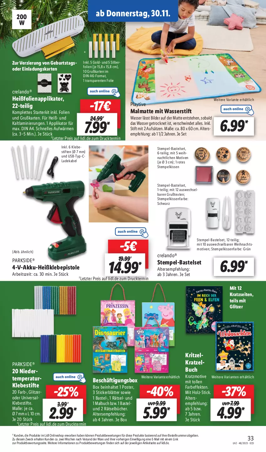 Aktueller Prospekt Lidl - Aktionsprospekt - von 27.11 bis 02.12.2023 - strona 41 - produkty: akku, buch, deka, din a4, eis, Elan, elle, ente, Heißklebepistole, Holz, kissen, ladekabel, Malbuch, Parkside, reis, rel, Ria, senf, stifte, Ti, usb, wasser, weck, ZTE