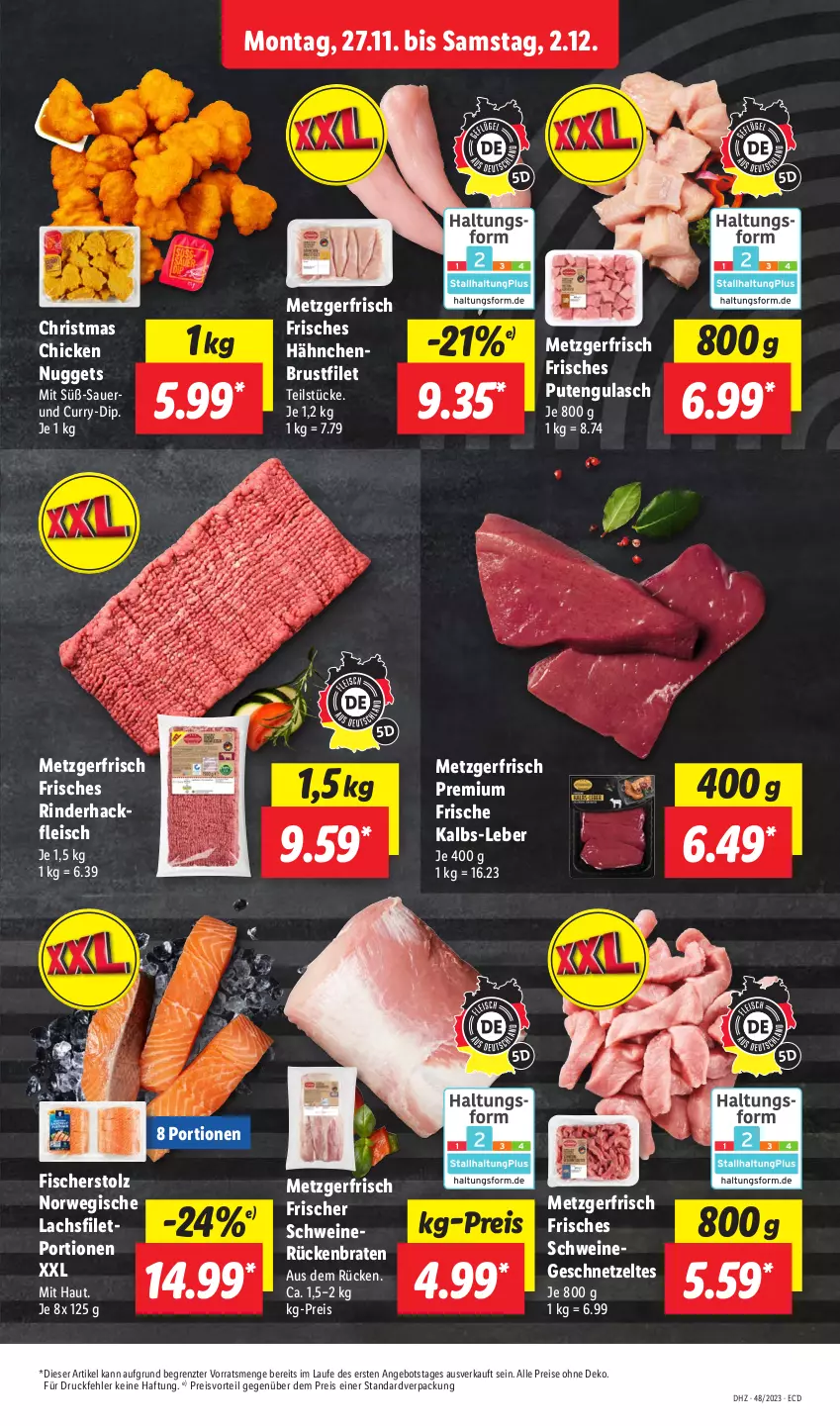 Aktueller Prospekt Lidl - Aktionsprospekt - von 27.11 bis 02.12.2023 - strona 5 - produkty: angebot, auer, braten, brustfilet, chicken nuggets, curry, dip, eis, filet, fisch, fische, Fischer, fleisch, geschnetzeltes, gulasch, hackfleisch, hähnchenbrust, hähnchenbrustfilet, lachs, lachsfilet, nuggets, preisvorteil, pute, reis, rind, rinder, rinderhackfleisch, Rückenbraten, rwe, schwein, schweine, schweinerücken, Ti, wein, weine, Zelt, ZTE