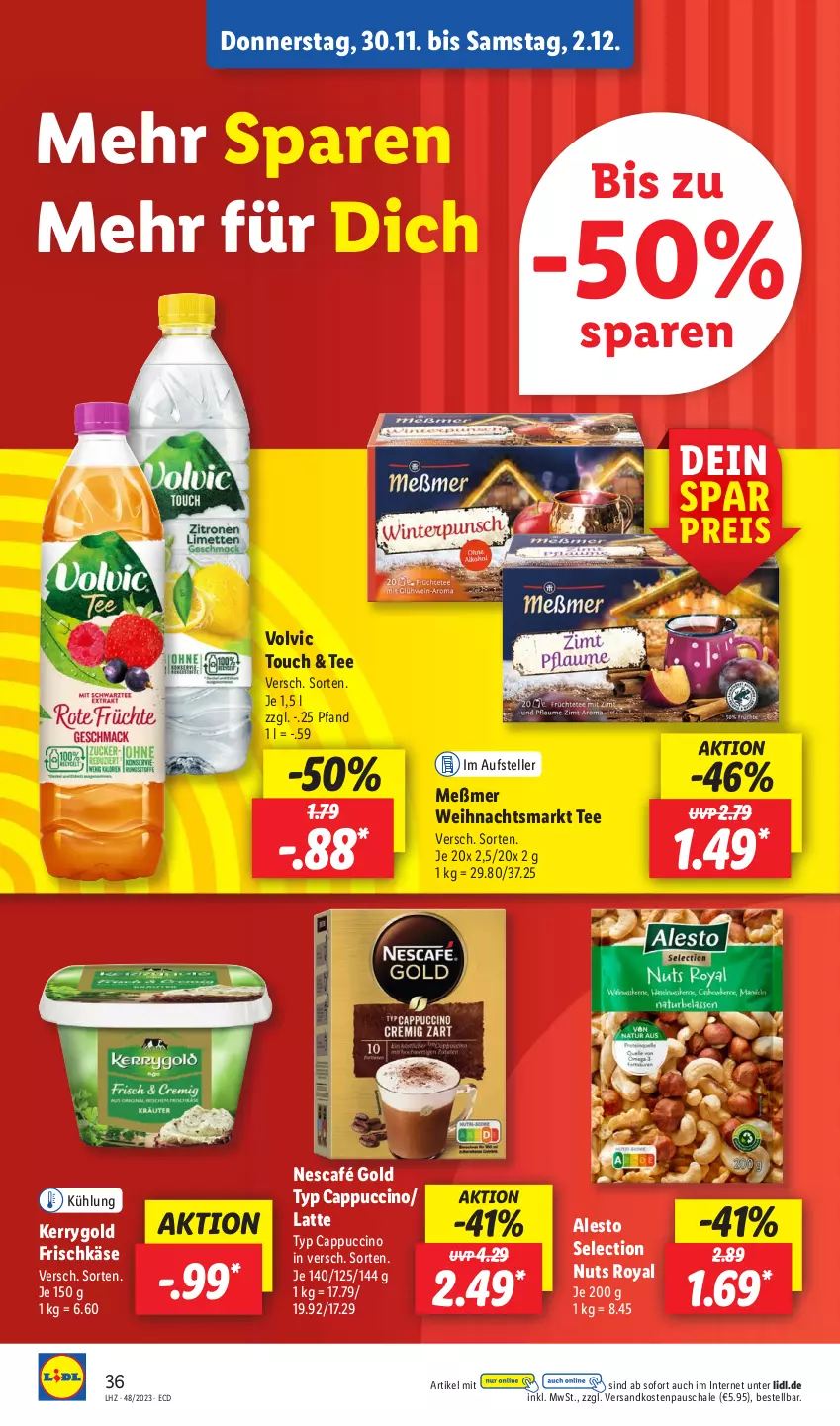 Aktueller Prospekt Lidl - Aktionsprospekt - von 27.11 bis 02.12.2023 - strona 52 - produkty: alesto, Cap, cappuccino, cin, eis, elle, frischkäse, Käse, kerrygold, latte, Meßmer, ndk, Nescafé, nescafé gold, reis, Schal, Schale, tee, teller, Ti, volvic