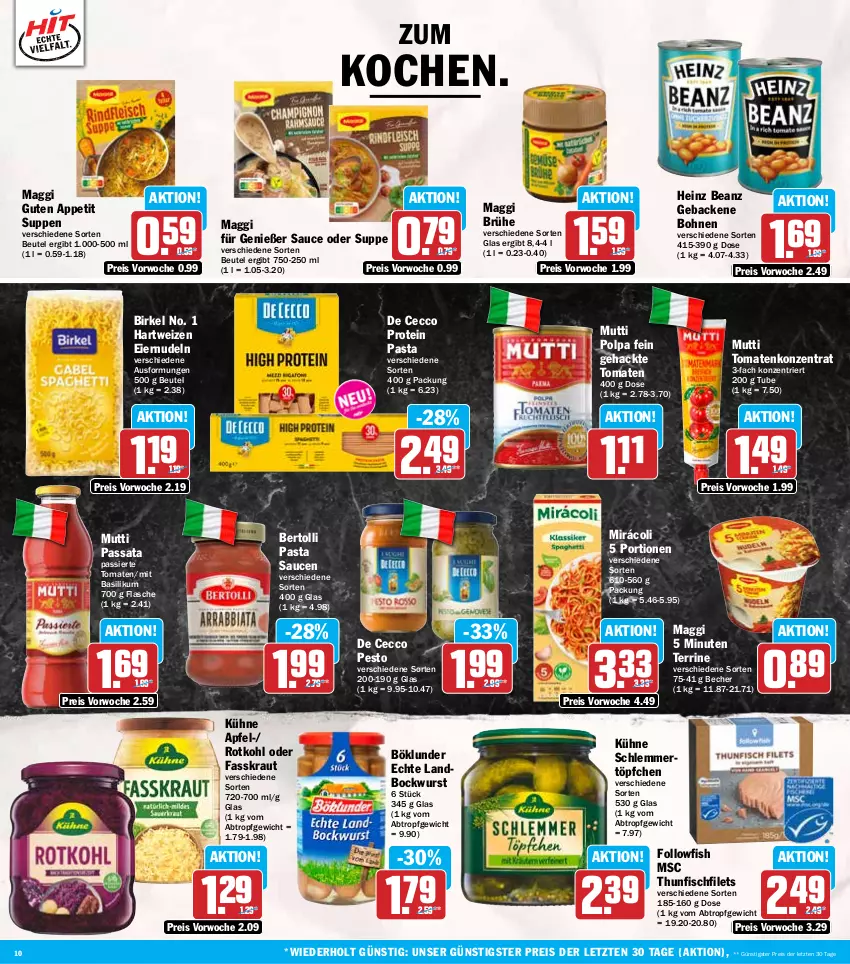 Aktueller Prospekt Hit - Wochenprospekt - von 10.03 bis 15.03.2025 - strona 10 - produkty: apfel, basilikum, beanz, Becher, bertolli, beutel, birkel, bockwurst, bohne, bohnen, böklunder, Brühe, De Cecco, ecco, eier, eiernudeln, eis, filet, filets, fisch, flasche, followfish, geback, hartweizen, heinz, Kraut, Kühne, maggi, Mirácoli, Mutti, nudel, nudeln, pasta, Pasta Sauce, pesto, reis, rotkohl, sauce, saucen, schlemmertöpfchen, suppe, suppen, terrine, thunfisch, Ti, tomate, tomaten, Töpfchen, wurst, ZTE