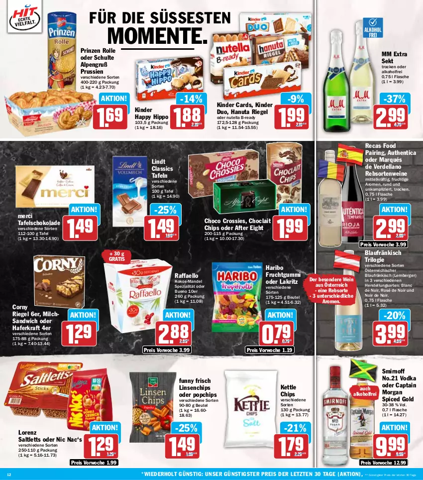 Aktueller Prospekt Hit - Wochenprospekt - von 10.03 bis 15.03.2025 - strona 12 - produkty: after eight, alkohol, Berger, beutel, Cap, chips, choclait chips, choco crossies, corny, crossies, dell, eis, ente, erde, flasche, frucht, fruchtgummi, Funny Frisch, hafer, hanuta, haribo, hipp, Kinder, kokos, kraft, Lakritz, lindt, linsen, lorenz, mandel, merci, milch, mm extra, nutella, oder lakritz, prinzen rolle, raffaello, rebsortenweine, reis, riegel, ring, saltletts, sandwich, schoko, schokolade, sekt, smirnoff, Spezi, tafelschokolade, Ti, vodka, wein, weine, ZTE