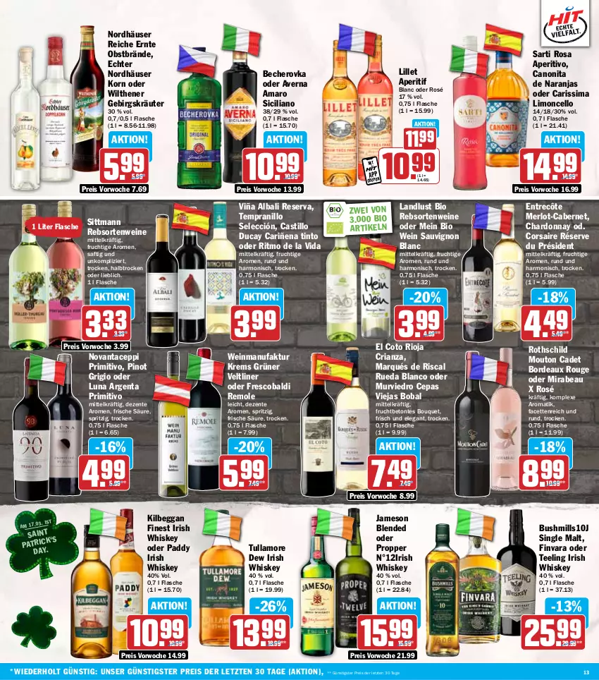 Aktueller Prospekt Hit - Wochenprospekt - von 10.03 bis 15.03.2025 - strona 13 - produkty: aldi, amaro, aperitif, asti, averna, Becher, Becherovka, bio, cabernet, canon, chardonnay, Corsaire, coupon, eis, ente, entrecôte, Faktu, flasche, frucht, grüner veltliner, hero, irish whiskey, jameson, kilbeggan, korn, kräuter, lillet, limo, merl, merlot, obst, Pinot, pinot grigio, primitivo, rebsortenweine, reis, Ria, rioja, rouge, saft, sauvignon, sauvignon blanc, sim, single malt, tee, tempranillo, Ti, tullamore, tullamore dew, wein, weine, whiskey, wilthener, ZTE