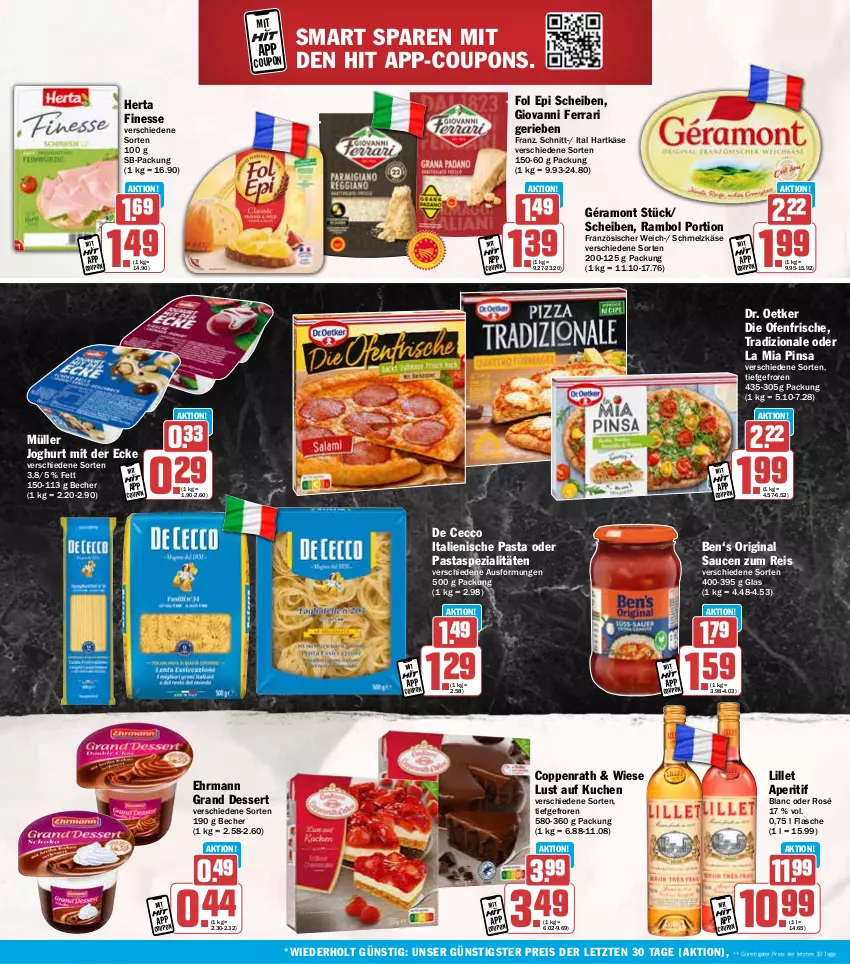 Aktueller Prospekt Hit - Wochenprospekt - von 10.03 bis 15.03.2025 - strona 18 - produkty: aperitif, Becher, coppenrath, coupon, coupons, De Cecco, dessert, die ofenfrische, Dr. Oetker, ecco, ehrmann, Ehrmann Grand Dessert, eis, finesse, flasche, fol epi, géramont, gin, hartkäse, herta, herta finesse, italienische pasta, joghur, joghurt, joghurt mit der ecke, Käse, kuchen, lillet, Lust auf Kuchen, Müller, Ofen, pasta, reis, sauce, saucen, Schmelzkäse, Spezi, Ti, tradizionale, ZTE